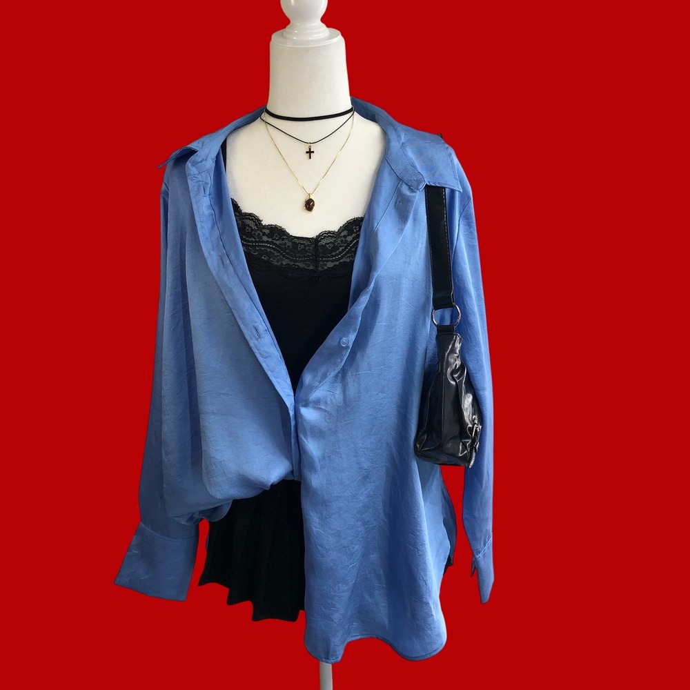 H&M Periwinkle Blue Satin Oversized Long Sleeve Button Down Shirt Womens XL